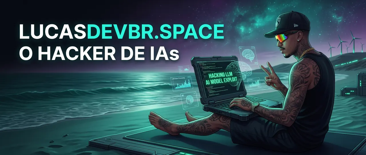 Lucas na praia à noite com um laptop futurista, hologramas de IA em ciano e o texto LUCASDEVBR.SPACE — O HACKER DE IAs.
